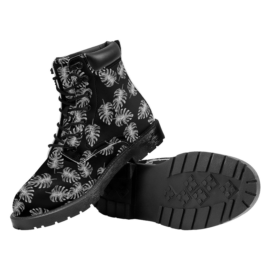 Black And White Monstera Pattern Print Work Boots