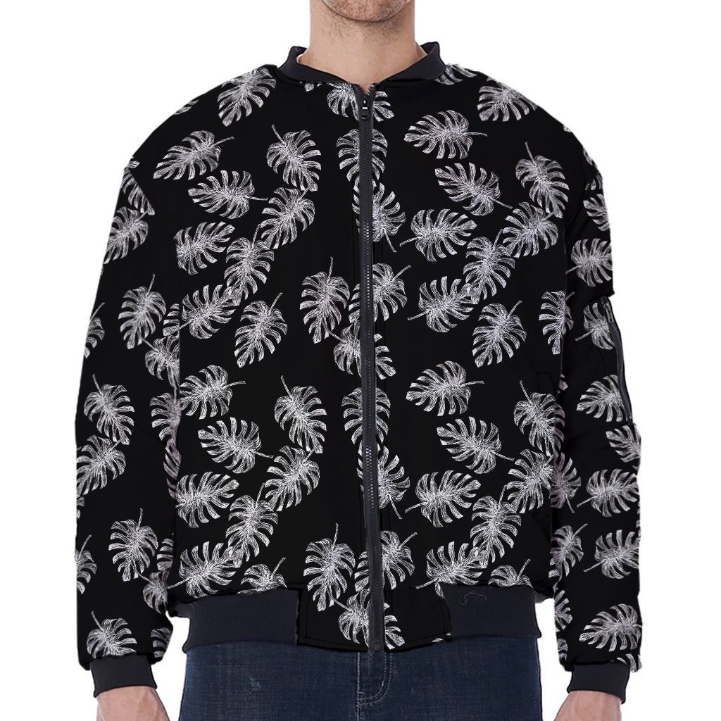 Black And White Monstera Pattern Print Zip Sleeve Bomber Jacket