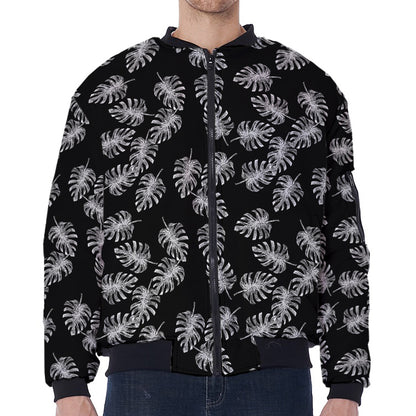 Black And White Monstera Pattern Print Zip Sleeve Bomber Jacket