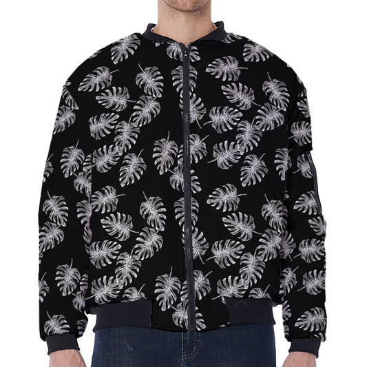 Black And White Monstera Pattern Print Zip Sleeve Bomber Jacket