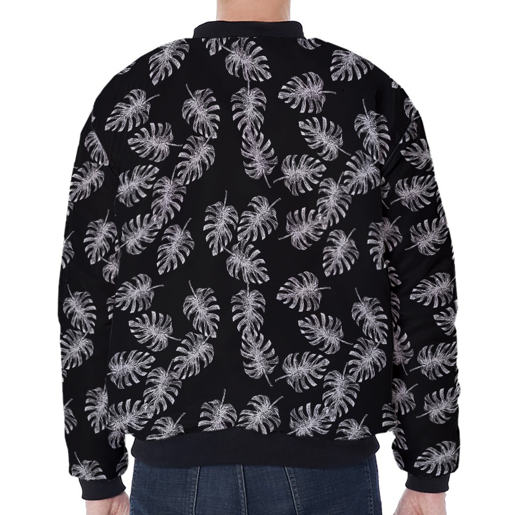 Black And White Monstera Pattern Print Zip Sleeve Bomber Jacket