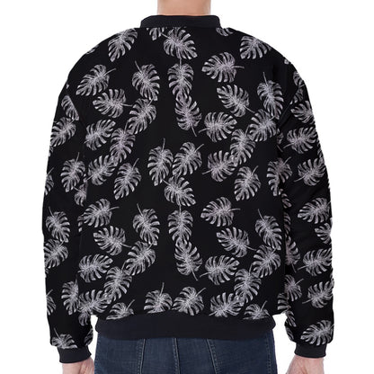 Black And White Monstera Pattern Print Zip Sleeve Bomber Jacket