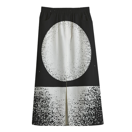 Black And White Moonlight Print Cotton Front Slit Maxi Skirt