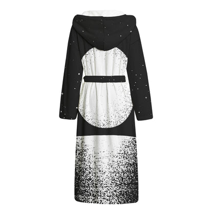 Black And White Moonlight Print Hooded Bathrobe