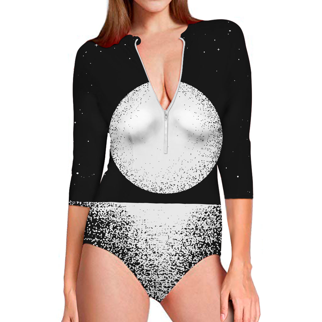 Black And White Moonlight Print Long Sleeve Swimsuit