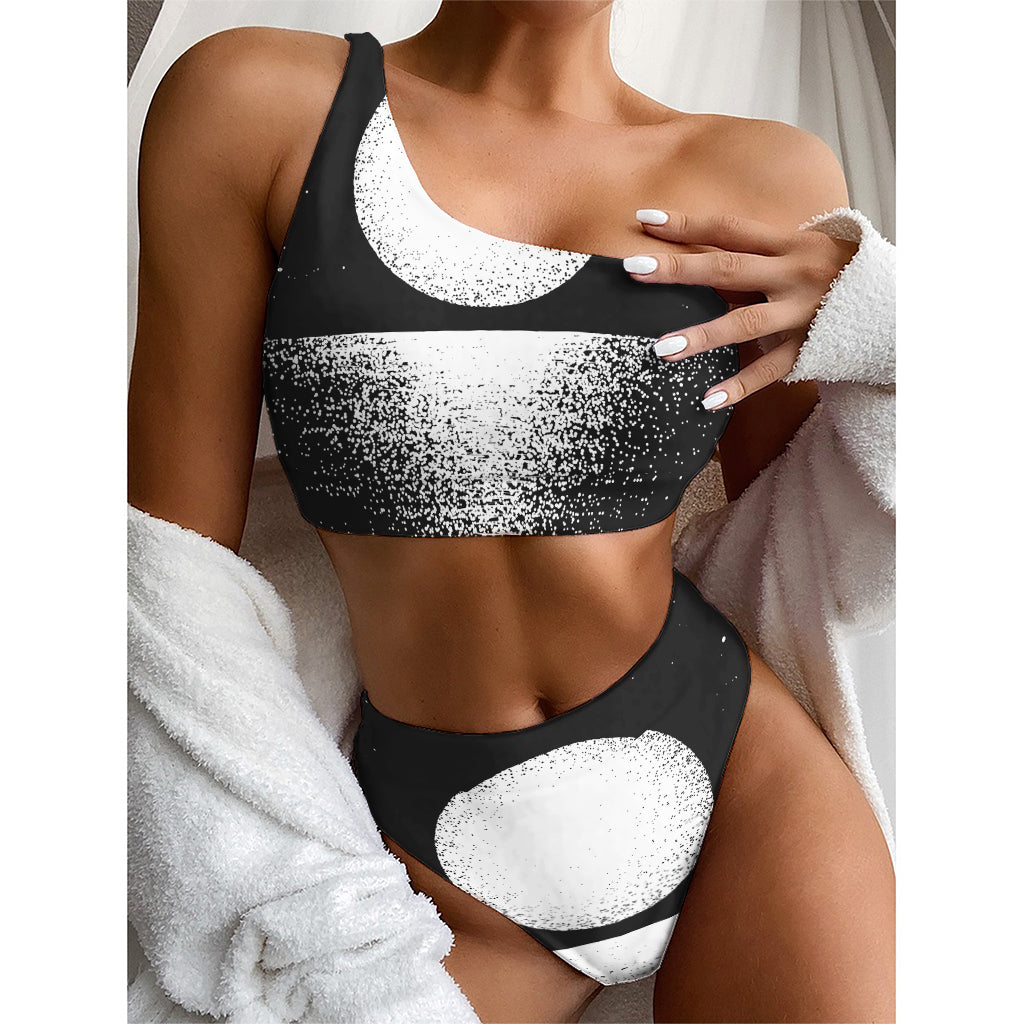 Black And White Moonlight Print One Shoulder Bikini Top