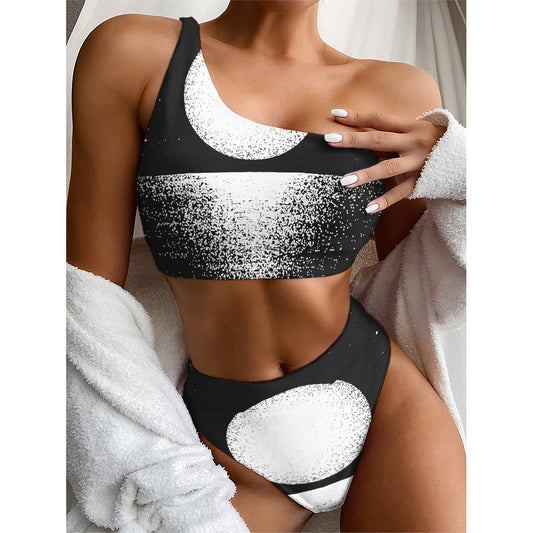 Black And White Moonlight Print One Shoulder Bikini Top
