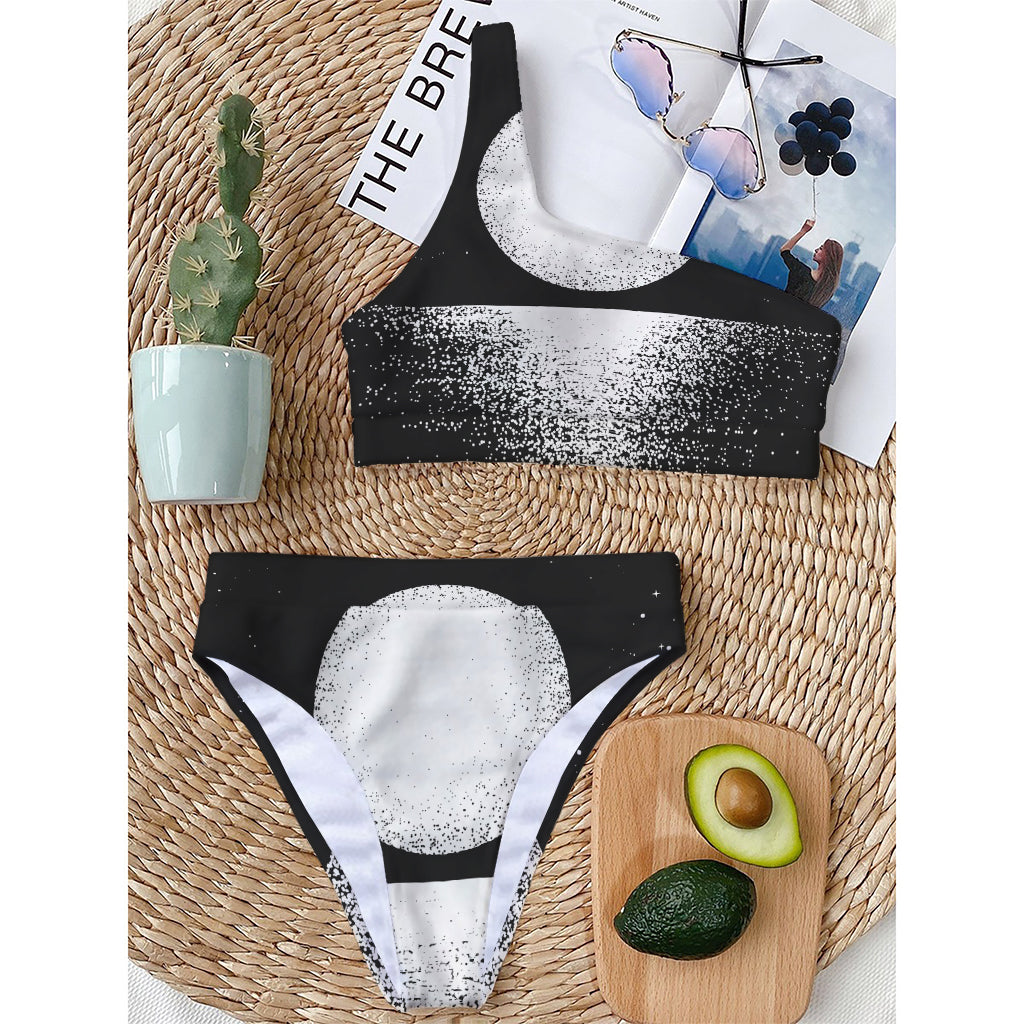 Black And White Moonlight Print One Shoulder Bikini Top