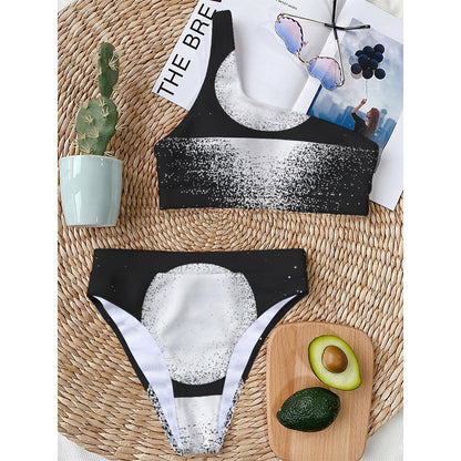 Black And White Moonlight Print One Shoulder Bikini Top