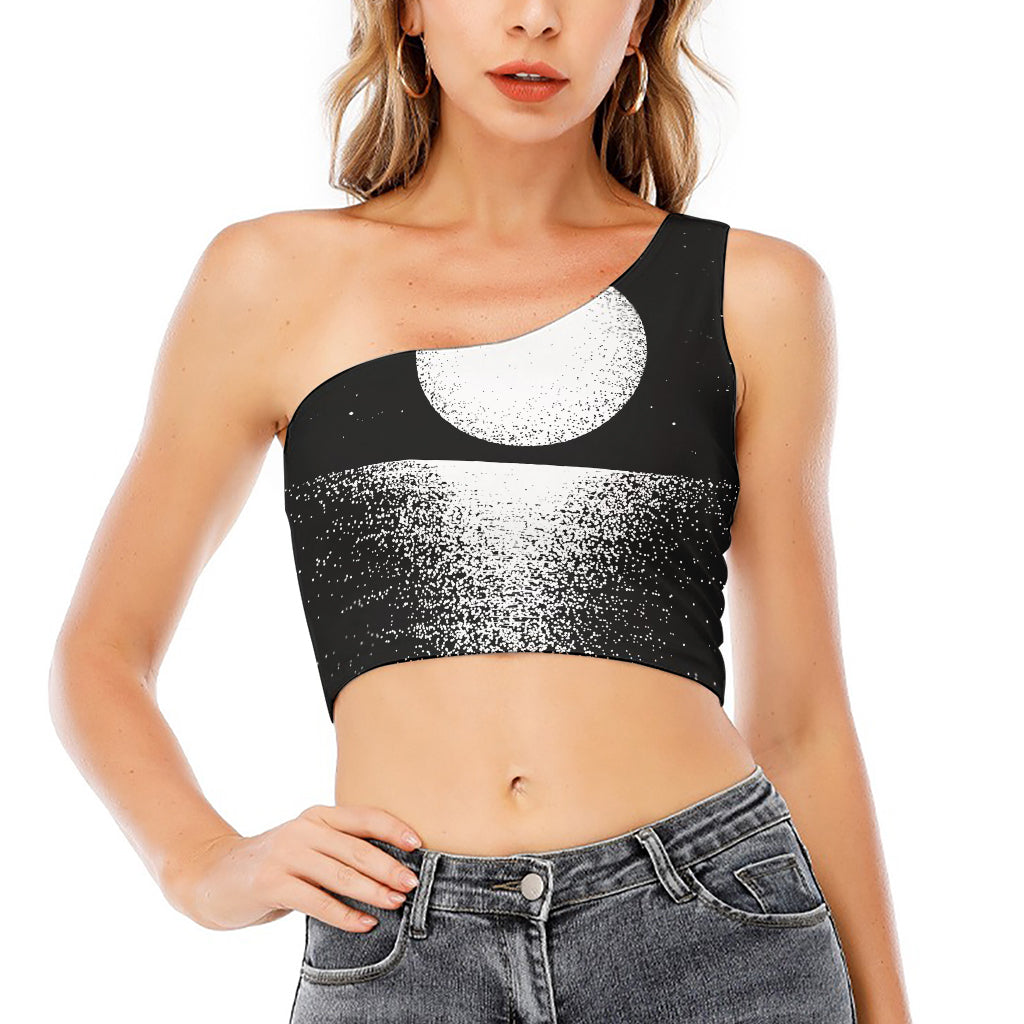 Black And White Moonlight Print One Shoulder Crop Top