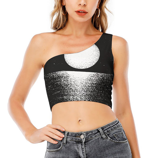 Black And White Moonlight Print One Shoulder Crop Top