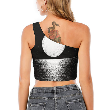 Black And White Moonlight Print One Shoulder Crop Top