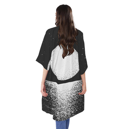Black And White Moonlight Print Open Front Beach Cover Up