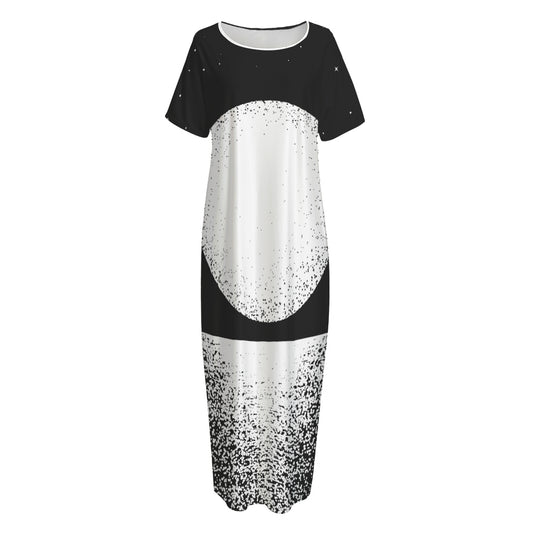 Black And White Moonlight Print Short Sleeve Long Nightdress