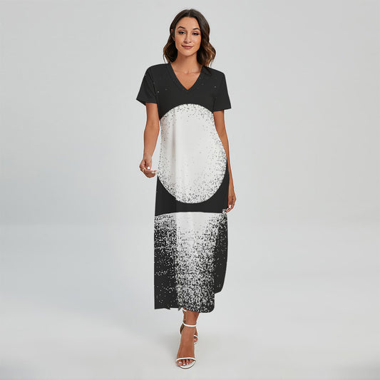 Black And White Moonlight Print Short Sleeve Maxi Dress