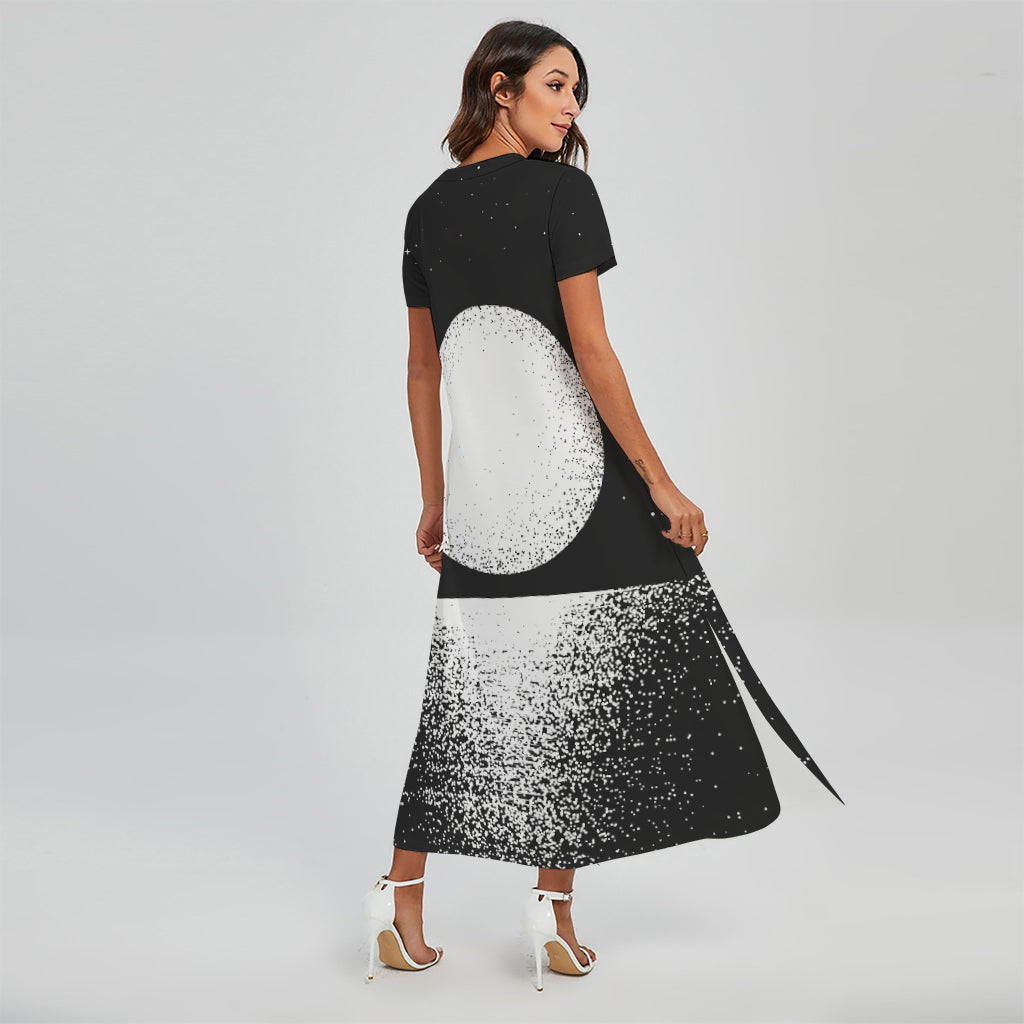 Black And White Moonlight Print Short Sleeve Maxi Dress