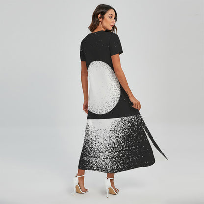 Black And White Moonlight Print Short Sleeve Maxi Dress