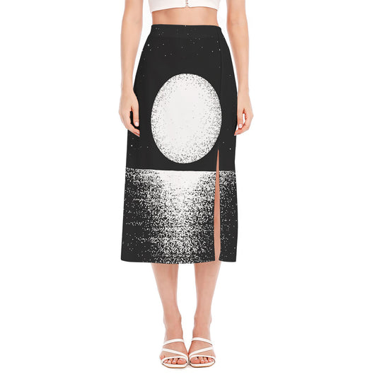Black And White Moonlight Print Side Slit Midi Skirt