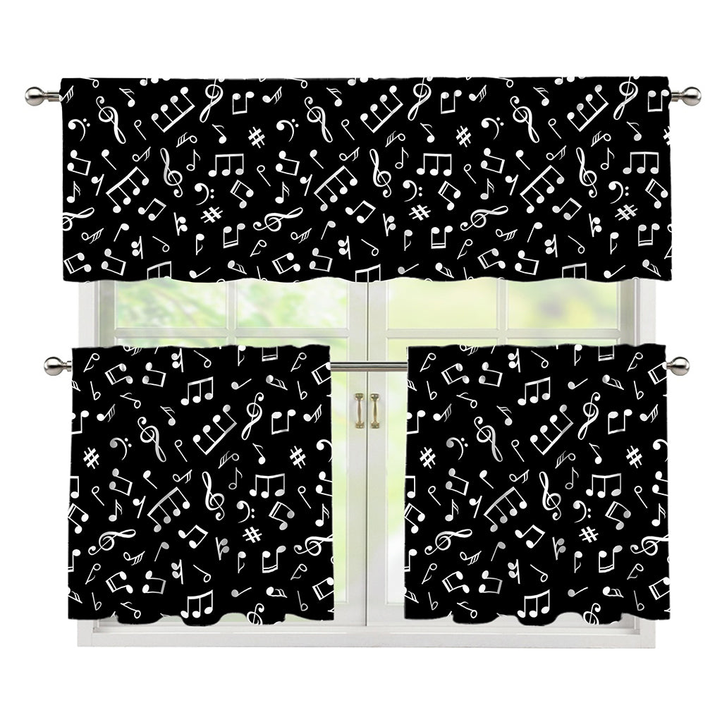 Black And White Music Note Pattern Print 3 Piece Kitchen Curtains