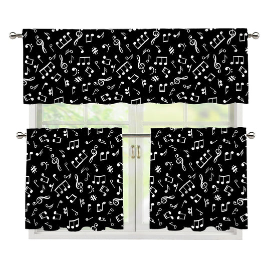 Black And White Music Note Pattern Print 3 Piece Kitchen Curtains