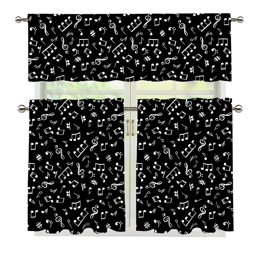 Black And White Music Note Pattern Print 3 Piece Kitchen Curtains