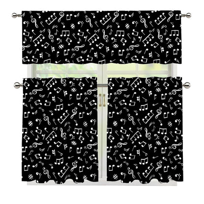 Black And White Music Note Pattern Print 3 Piece Kitchen Curtains