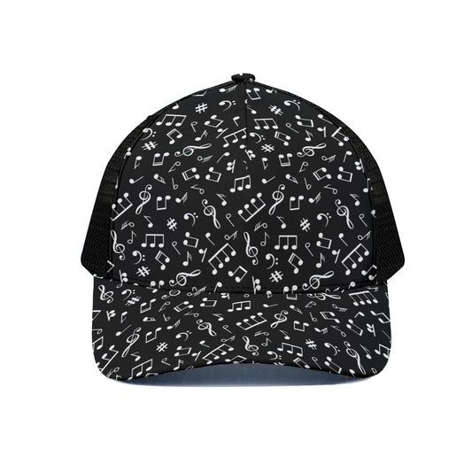 Black And White Music Note Pattern Print Black Mesh Trucker Cap