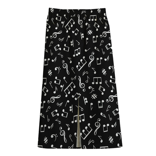 Black And White Music Note Pattern Print Cotton Front Slit Maxi Skirt