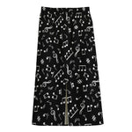 Black And White Music Note Pattern Print Cotton Front Slit Maxi Skirt