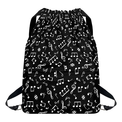 Black And White Music Note Pattern Print Drawstring Backpack