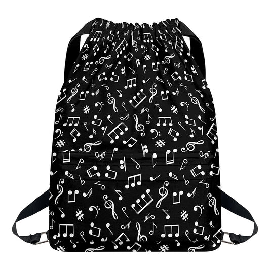 Black And White Music Note Pattern Print Drawstring Backpack