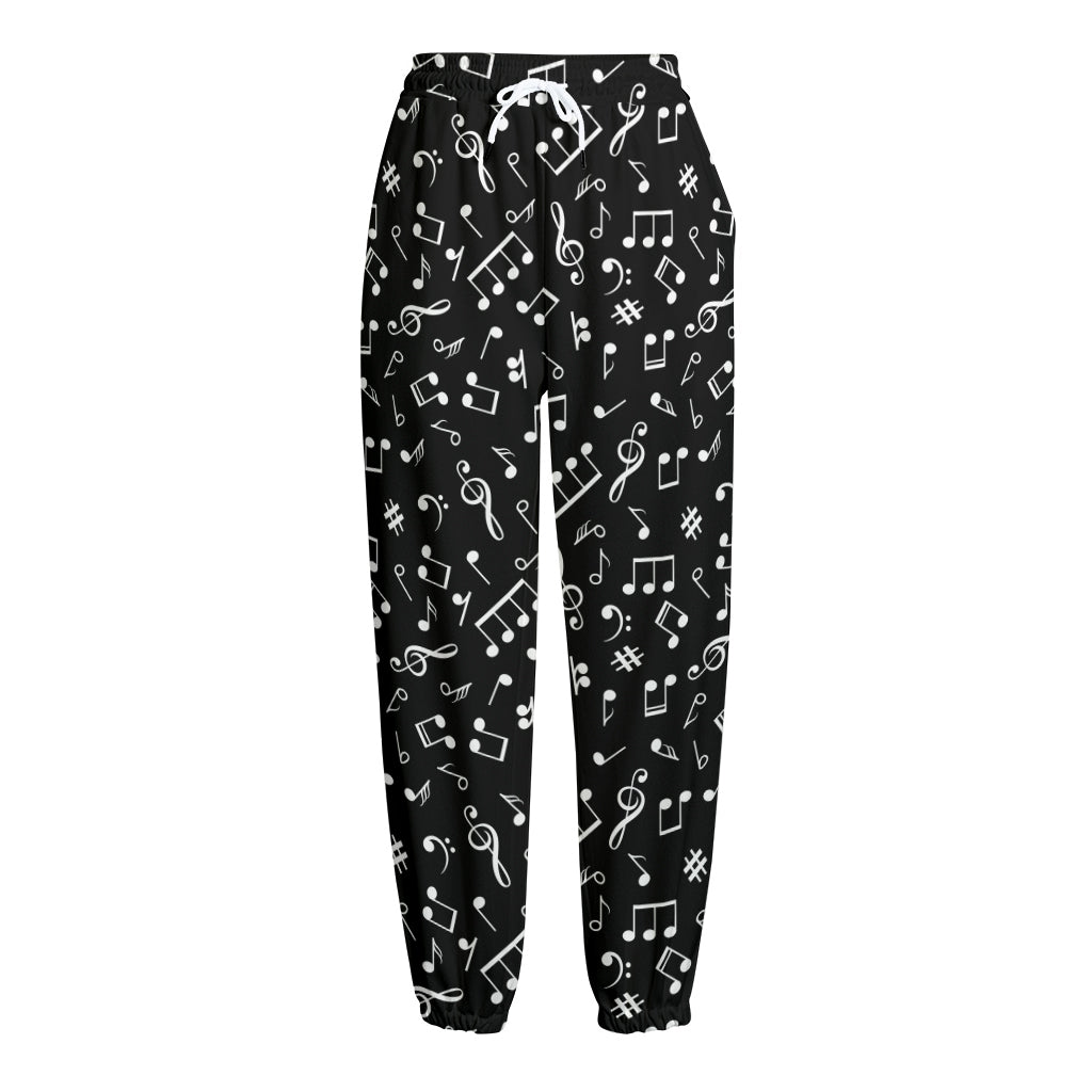 Black And White Music Note Pattern Print Fleece Lined Knit Pants