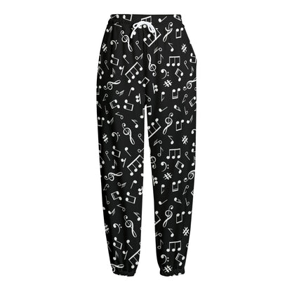 Black And White Music Note Pattern Print Fleece Lined Knit Pants