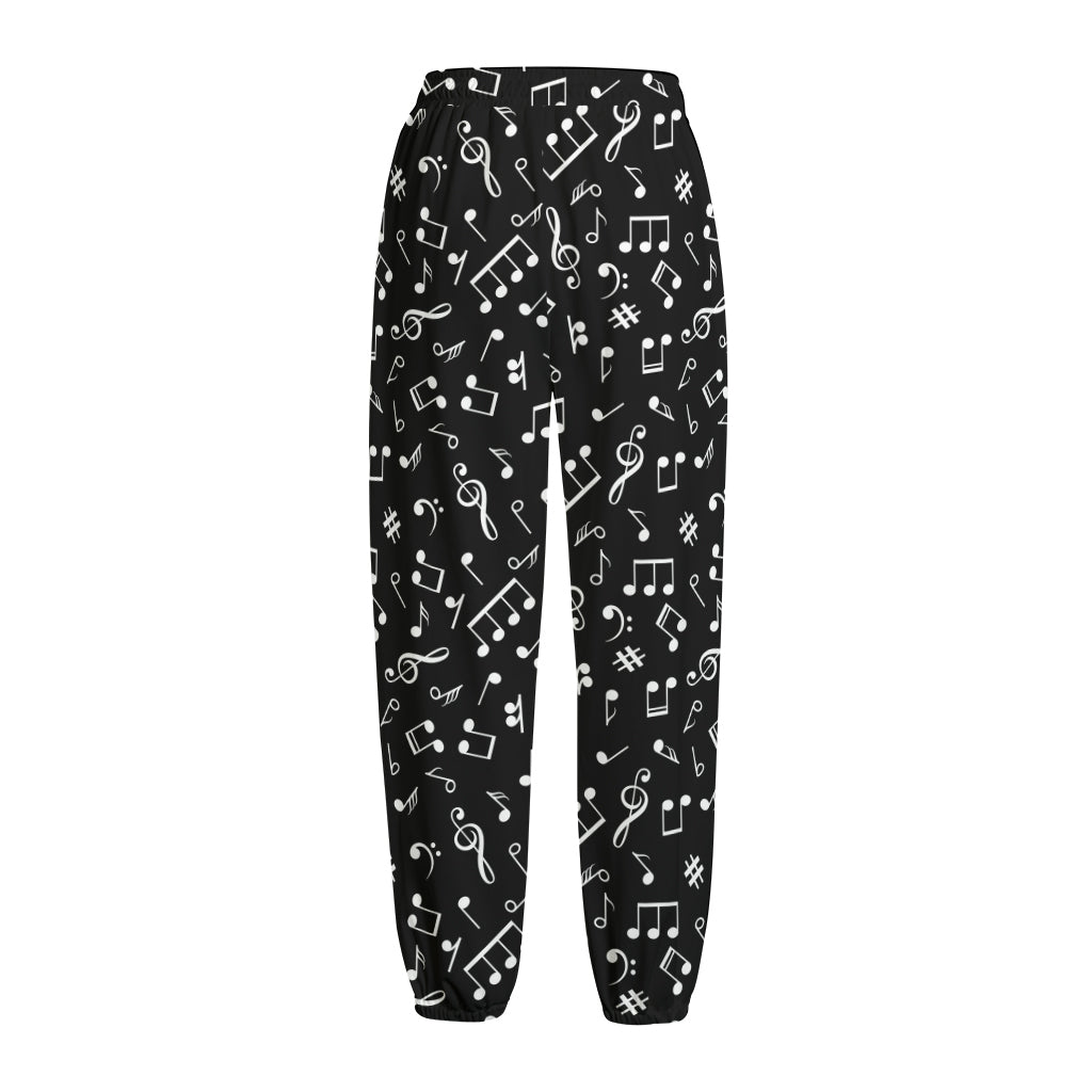 Black And White Music Note Pattern Print Fleece Lined Knit Pants