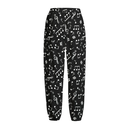 Black And White Music Note Pattern Print Fleece Lined Knit Pants