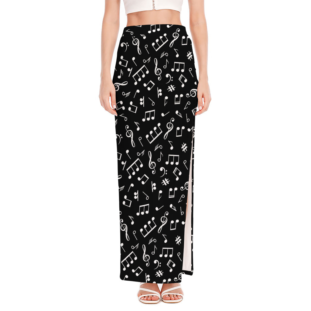 Black And White Music Note Pattern Print High Slit Maxi Skirt