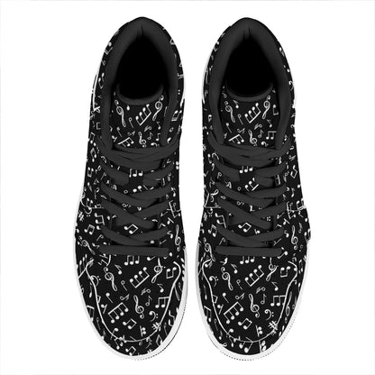 Black And White Music Note Pattern Print High Top Leather Sneakers