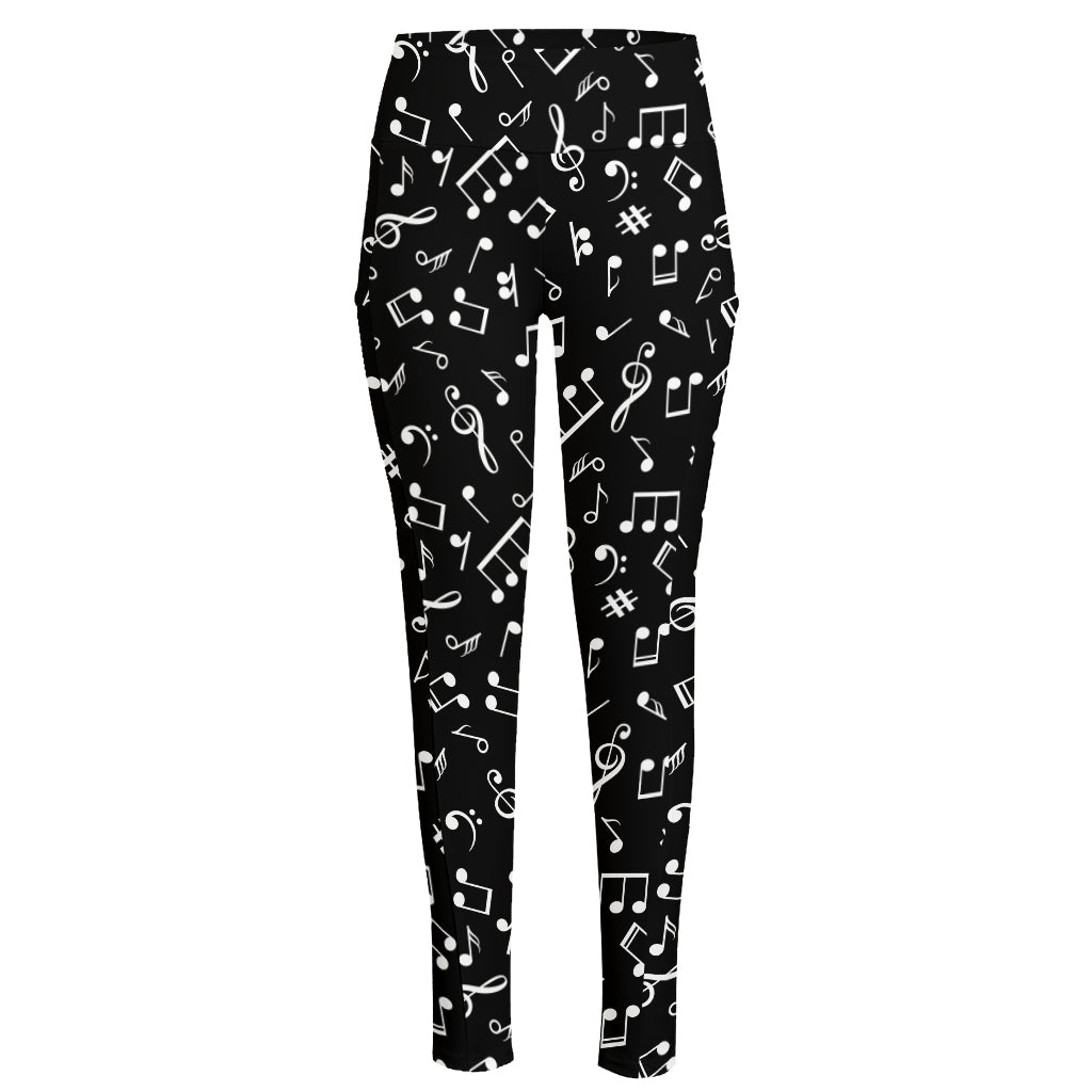 Black And White Music Note Pattern Print High-Waisted Pocket Leggings