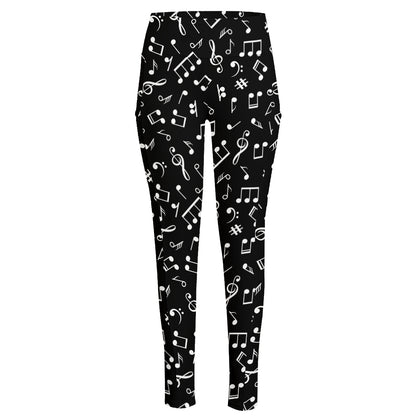 Black And White Music Note Pattern Print High-Waisted Pocket Leggings