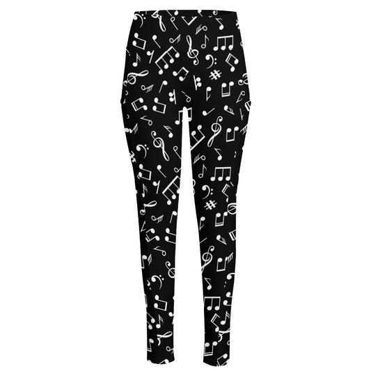 Black And White Music Note Pattern Print High-Waisted Pocket Leggings
