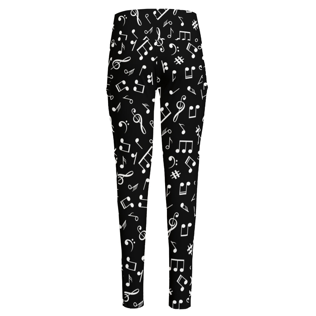 Black And White Music Note Pattern Print High-Waisted Pocket Leggings