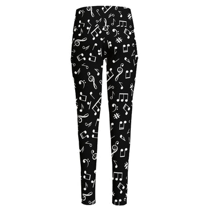 Black And White Music Note Pattern Print High-Waisted Pocket Leggings