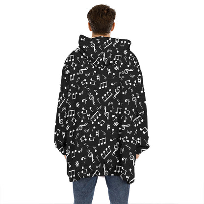 Black And White Music Note Pattern Print Hoodie Blanket