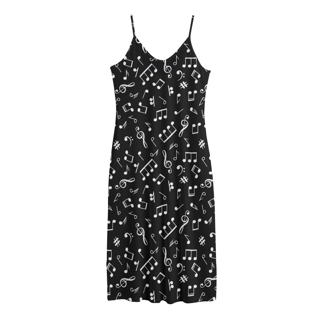 Black And White Music Note Pattern Print Jersey Midi Cami Dress