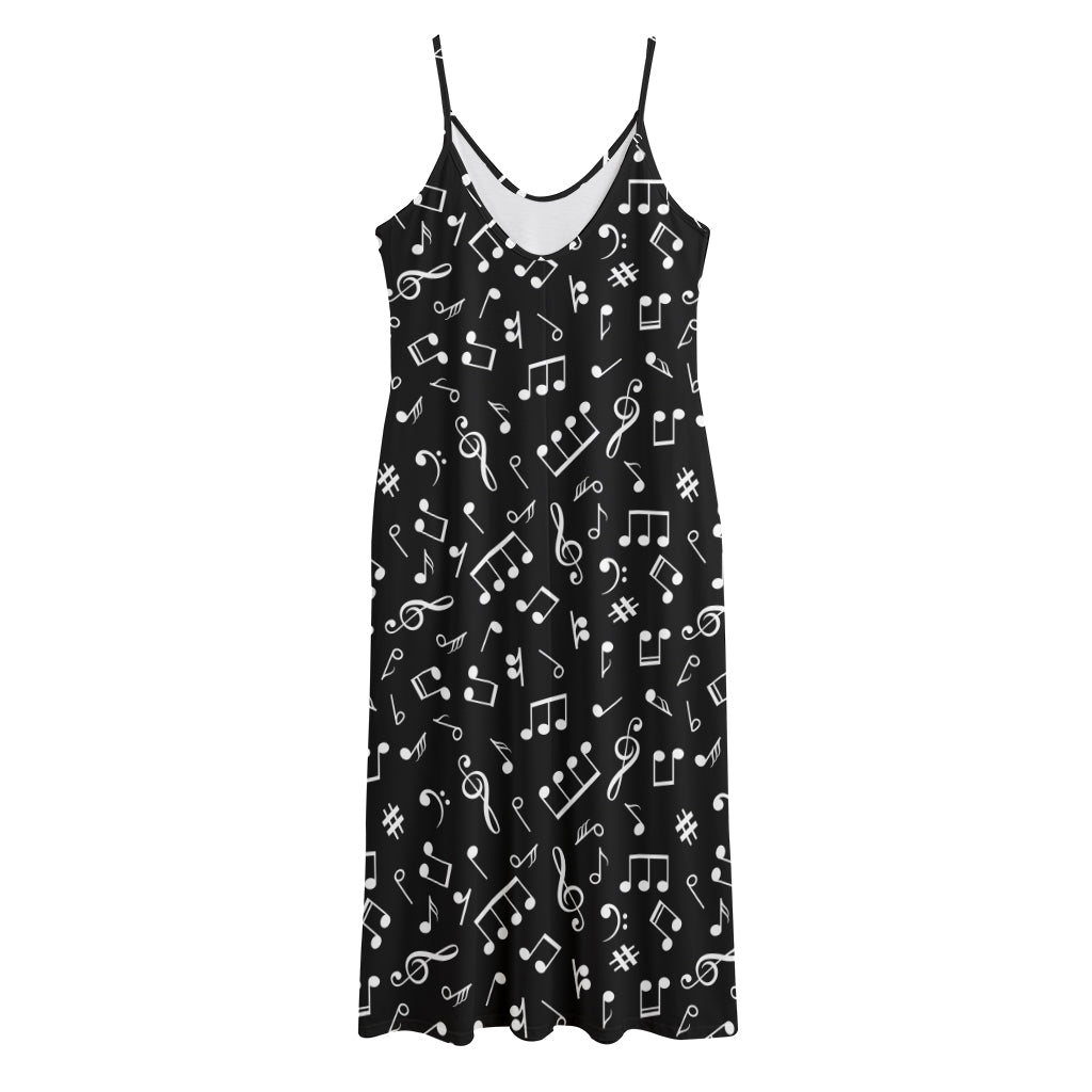 Black And White Music Note Pattern Print Jersey Midi Cami Dress