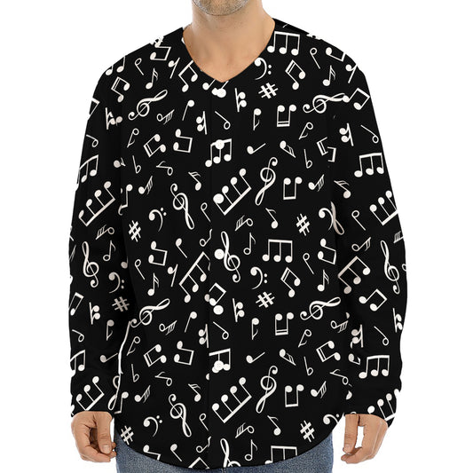 Black And White Music Note Pattern Print Long Sleeve Baseball Jersey
