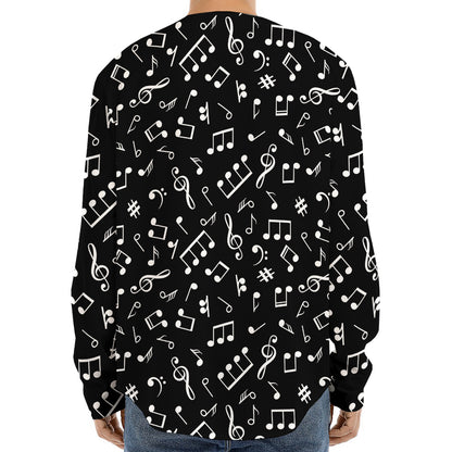 Black And White Music Note Pattern Print Long Sleeve Baseball Jersey