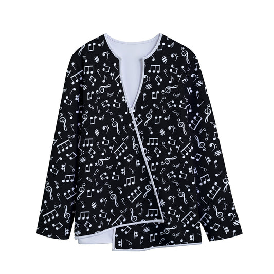 Black And White Music Note Pattern Print Long Sleeve Short Coat
