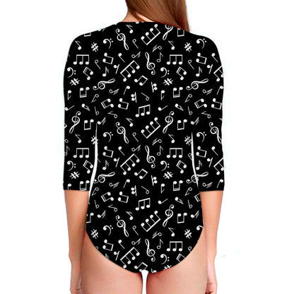Black And White Music Note Pattern Print Long Sleeve Swimsuit