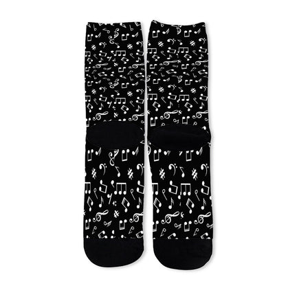 Black And White Music Note Pattern Print Long Socks
